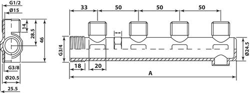 Collecteur à purge F3/8 - Entrée M3/4 - 4 sorties 1/2